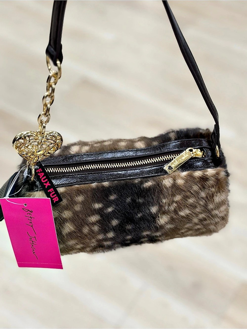 Betsey Johnson XOJANE Faux Fur Belted Shoulder Bag Brown & Black